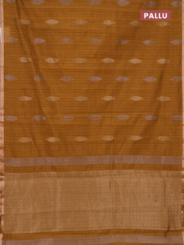 Banarasi semi matka saree dark mustard with silver & gold zari woven buttas and zari woven piping border