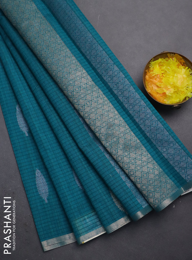 Banarasi semi matka saree teal green with silver & gold zari woven buttas and zari woven piping border