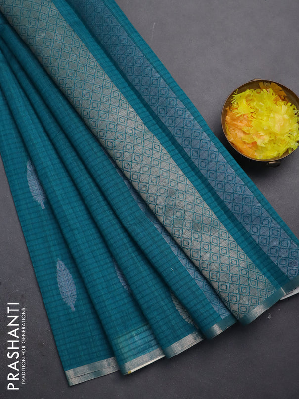 Banarasi semi matka saree teal green with silver & gold zari woven buttas and zari woven piping border
