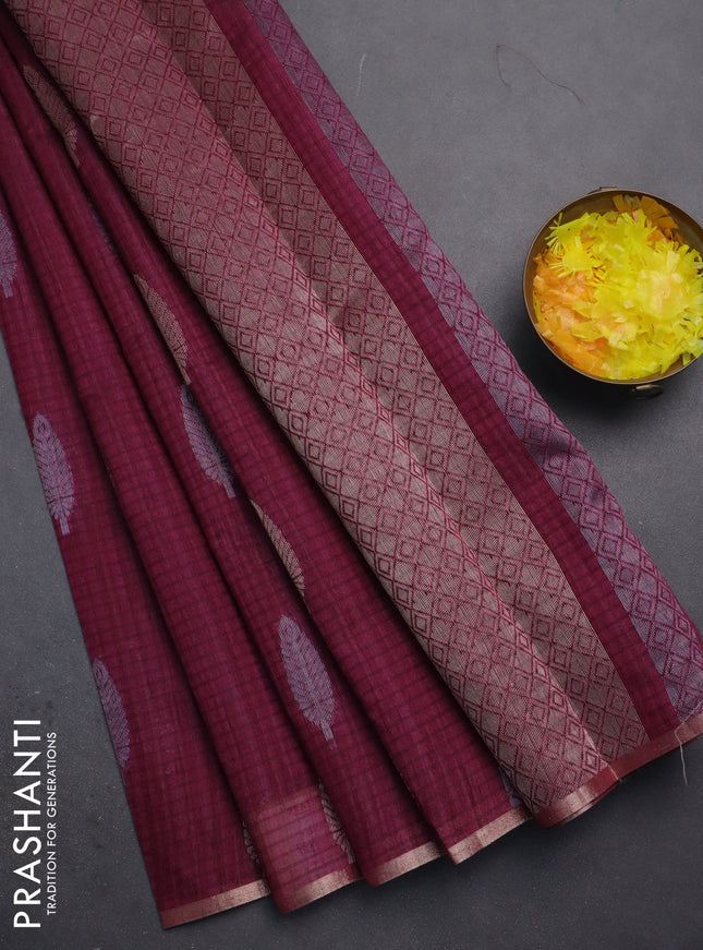 Banarasi semi matka saree wine shade with silver & gold zari woven buttas and zari woven piping border