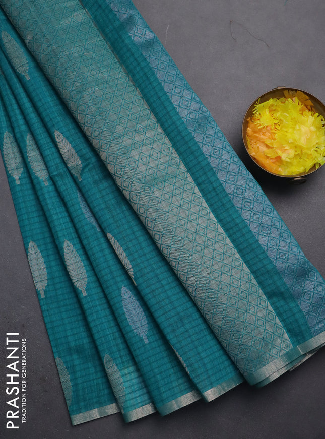Banarasi semi matka saree teal green blue with silver & gold zari woven buttas and zari woven piping border