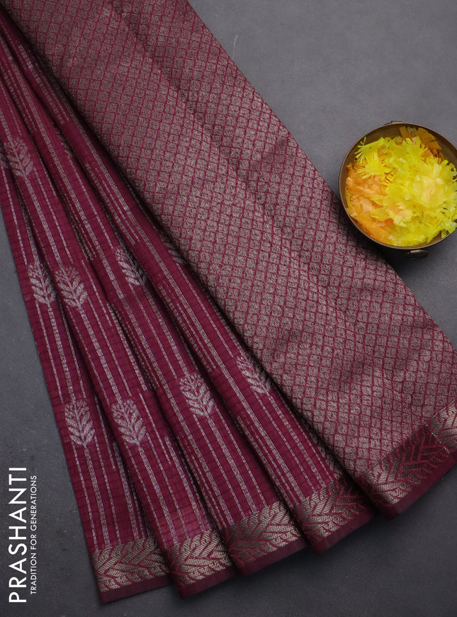 Banarasi semi matka saree wine shade with allover thread & silver zari weaves and woven border