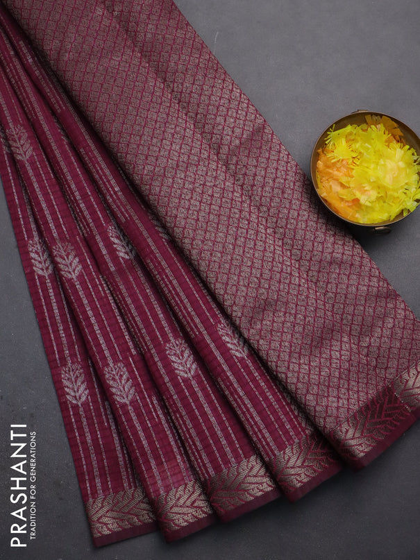 Banarasi semi matka saree wine shade with allover thread & silver zari weaves and woven border