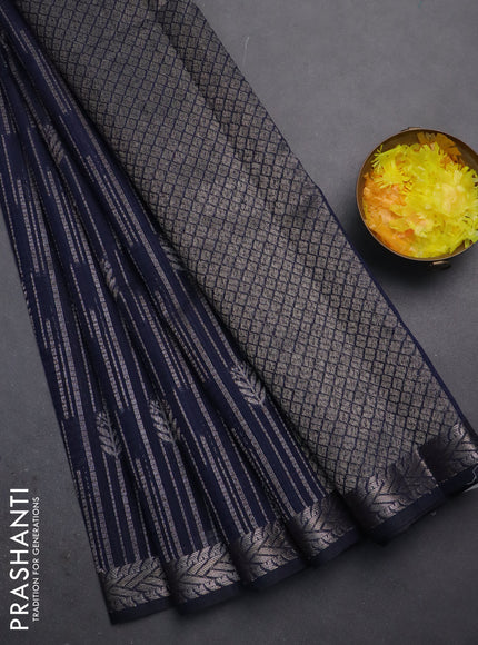 Banarasi semi matka saree navy blue with allover thread & silver zari weaves and woven border