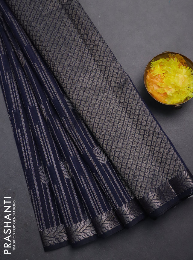 Banarasi semi matka saree navy blue with allover thread & silver zari weaves and woven border