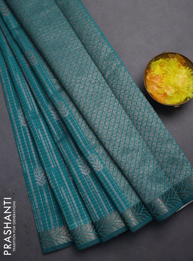 Banarasi semi matka saree teal green with allover thread & silver zari weaves and woven border