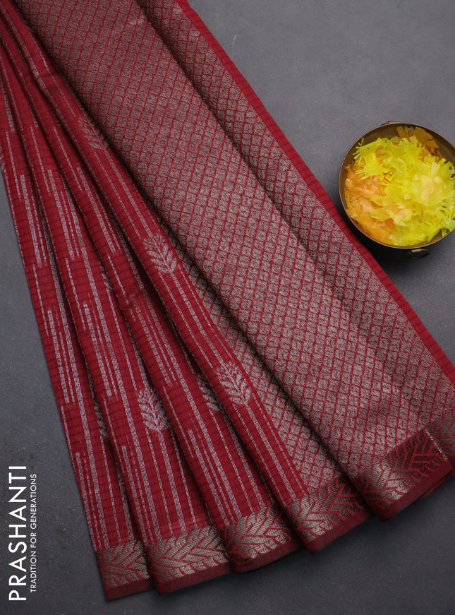 Banarasi semi matka saree maroon with allover thread & silver zari weaves and woven border