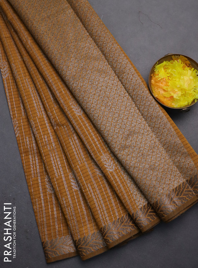 Banarasi semi matka saree dark mustard with allover thread & silver zari weaves and woven border