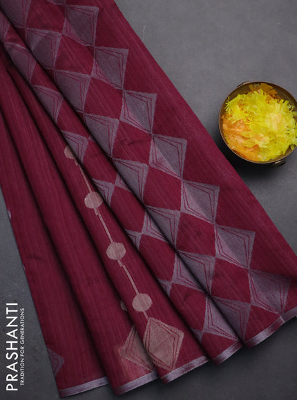 Banarasi semi matka saree wine shade with silver & gold geometric weaves and zari woven piping border