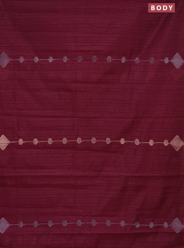 Banarasi semi matka saree wine shade with silver & gold geometric weaves and zari woven piping border