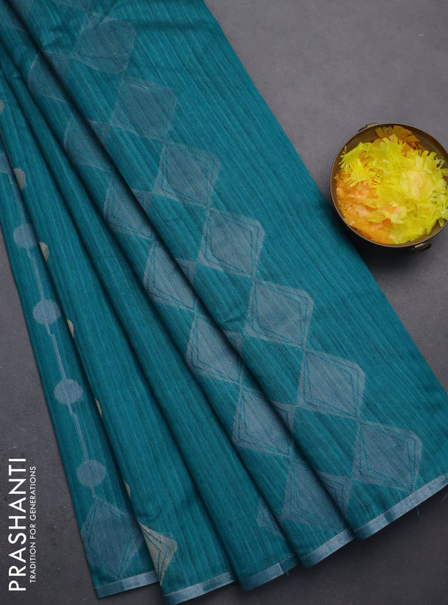 Banarasi semi matka saree teal green with silver & gold geometric weaves and zari woven piping border
