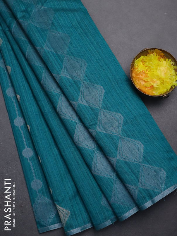 Banarasi semi matka saree teal green with silver & gold geometric weaves and zari woven piping border
