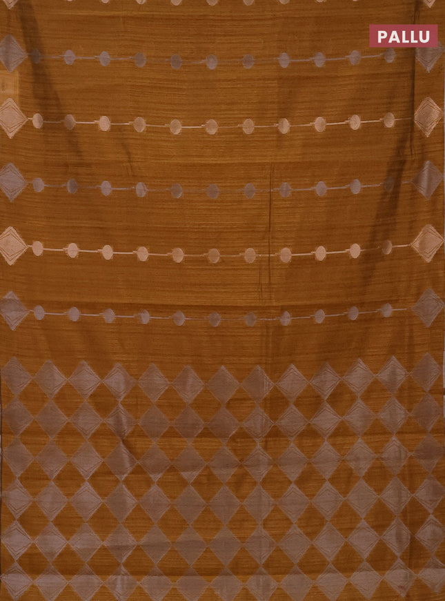 Banarasi semi matka saree dark mustard with silver & gold geometric weaves and zari woven piping border