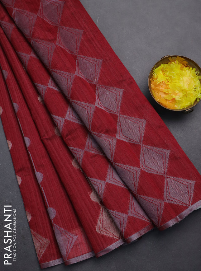 Banarasi semi matka saree maroon with silver & gold geometric weaves and zari woven piping border