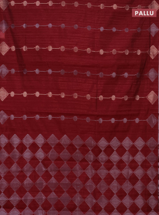 Banarasi semi matka saree maroon with silver & gold geometric weaves and zari woven piping border