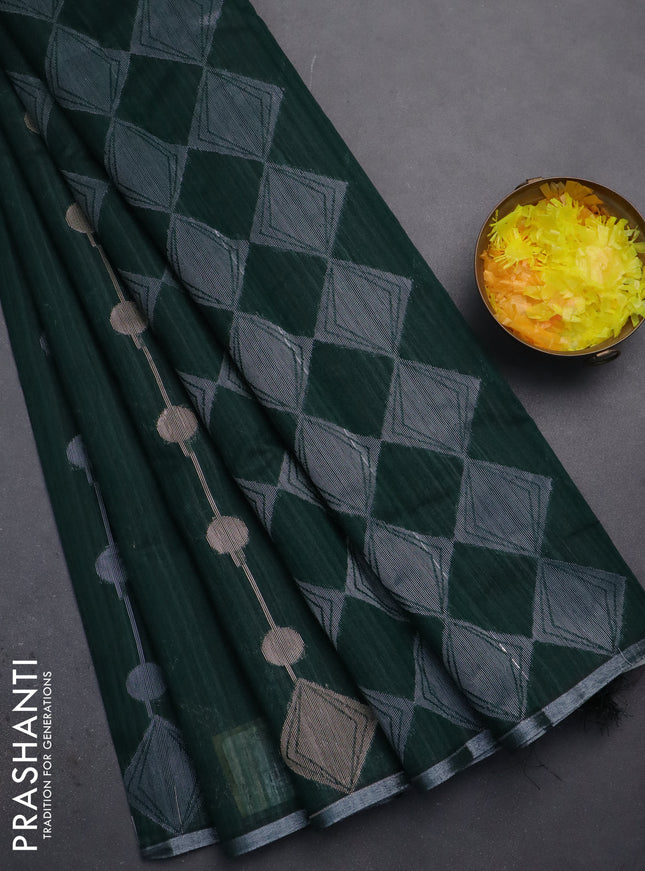 Banarasi semi matka saree bottle green with silver & gold geometric weaves and zari woven piping border