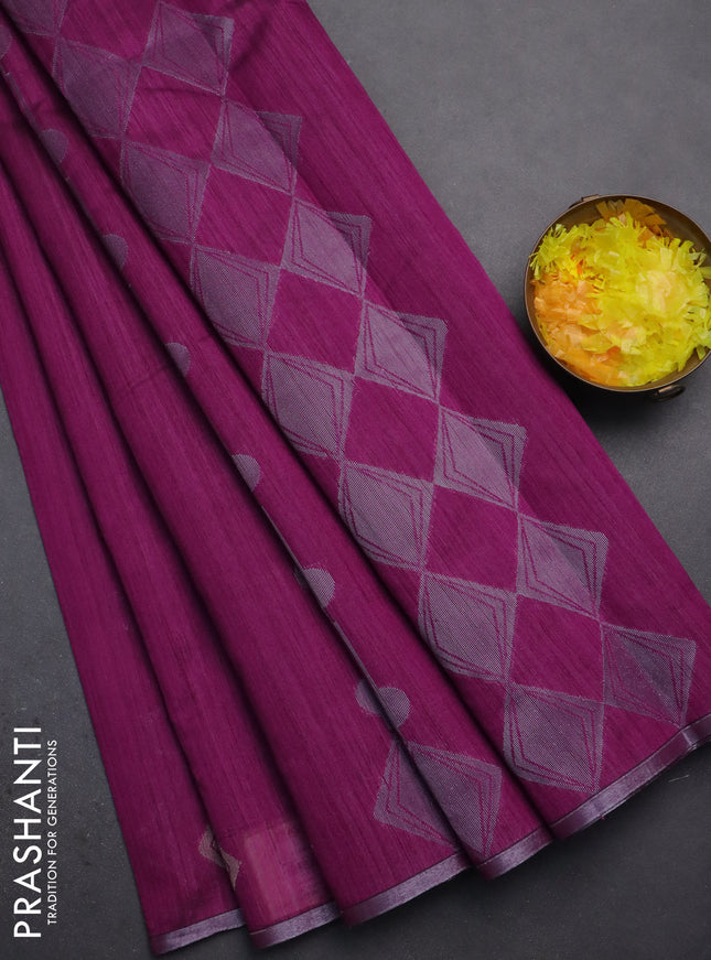 Banarasi semi matka saree purple with silver & gold geometric weaves and zari woven piping border