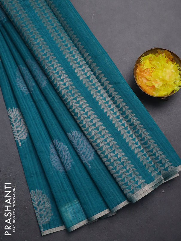 Banarasi semi matka saree teal green with silver & gold zari woven buttas and zari woven piping border