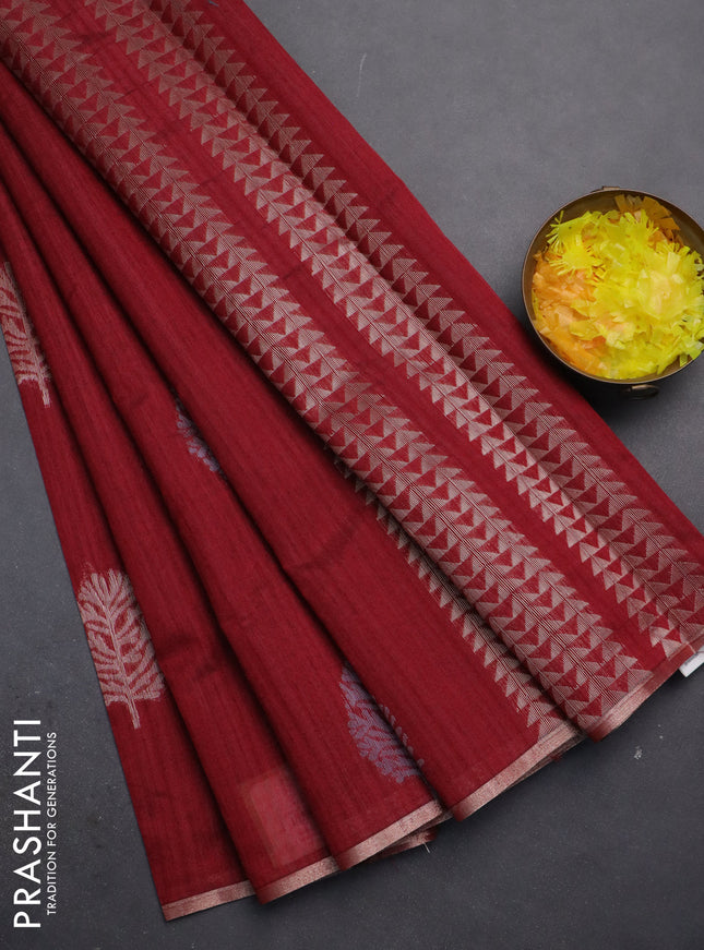Banarasi semi matka saree maroon with silver & gold zari woven buttas and zari woven piping border