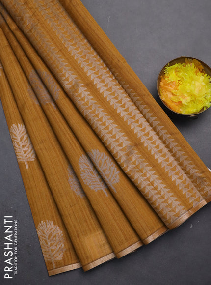 Banarasi semi matka saree dark mustard with silver & gold zari woven buttas and zari woven piping border