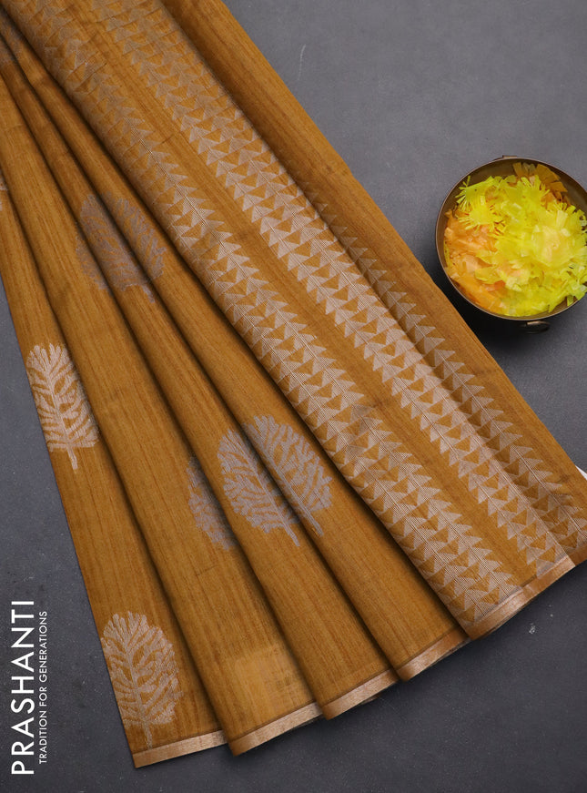 Banarasi semi matka saree dark mustard with silver & gold zari woven buttas and zari woven piping border