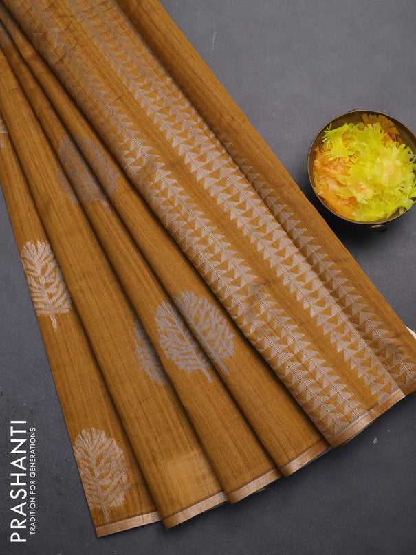 Banarasi semi matka saree dark mustard with silver & gold zari woven buttas and zari woven piping border