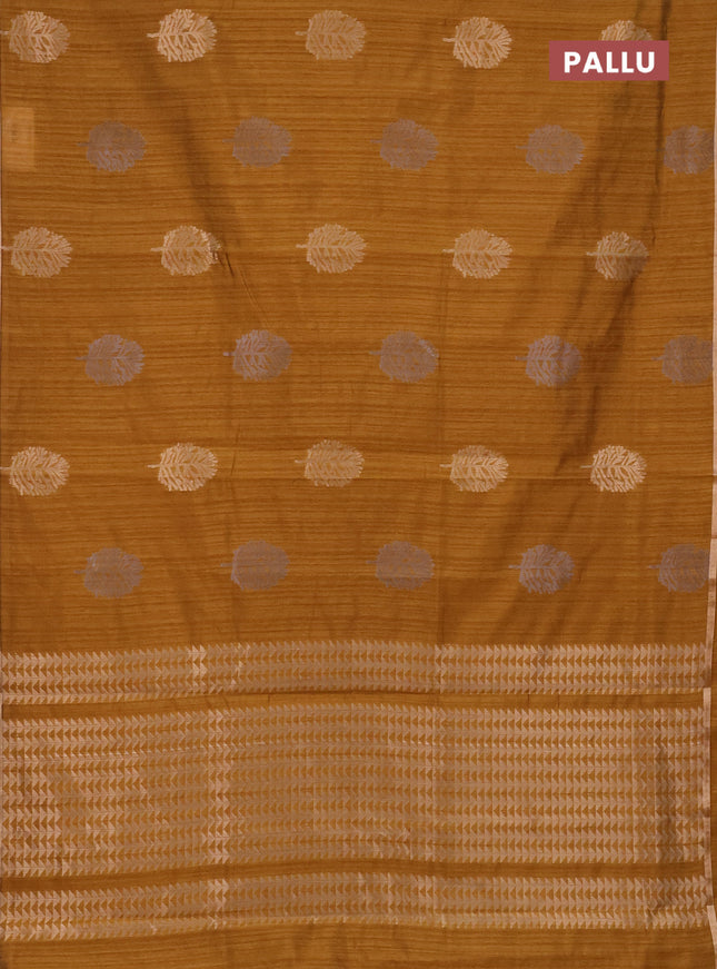 Banarasi semi matka saree dark mustard with silver & gold zari woven buttas and zari woven piping border