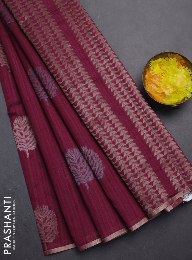 Banarasi semi matka saree wine shade with silver & gold zari woven buttas and zari woven piping border