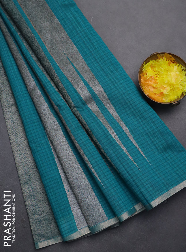 Banarasi semi matka saree teal green with allover thread & silver zari stripe pattern and zari woven piping border