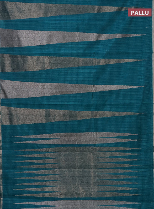 Banarasi semi matka saree teal green with allover thread & silver zari stripe pattern and zari woven piping border
