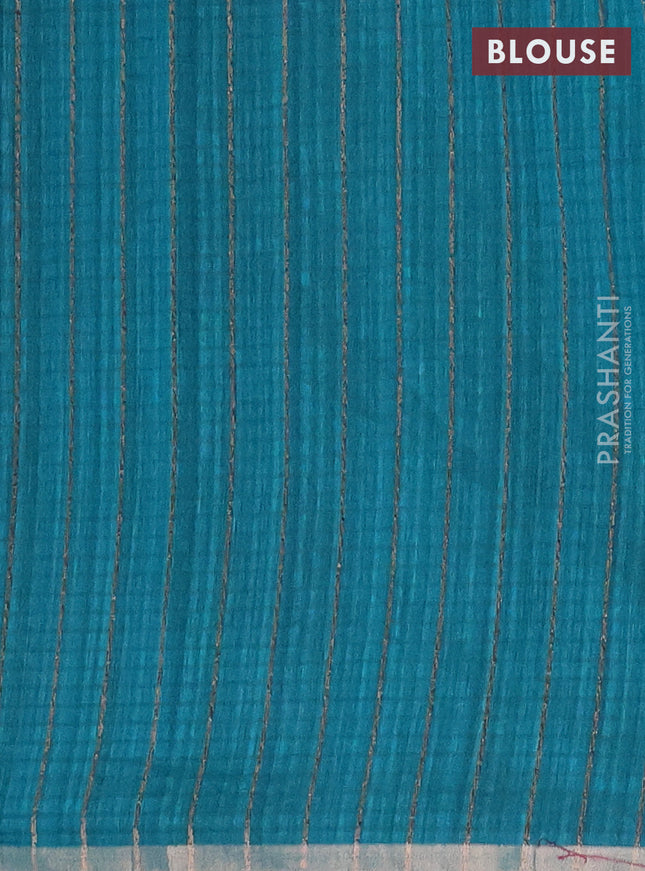 Banarasi semi matka saree teal green with allover thread & silver zari stripe pattern and zari woven piping border