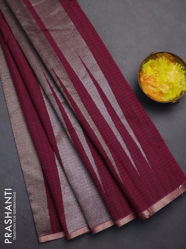 Banarasi semi matka saree wine shade with allover thread & silver zari stripe pattern and zari woven piping border