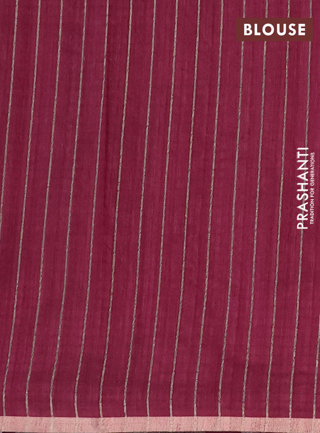 Banarasi semi matka saree wine shade with allover thread & silver zari stripe pattern and zari woven piping border