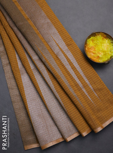 Banarasi semi matka saree dark mustard with allover thread & silver zari stripe pattern and zari woven piping border