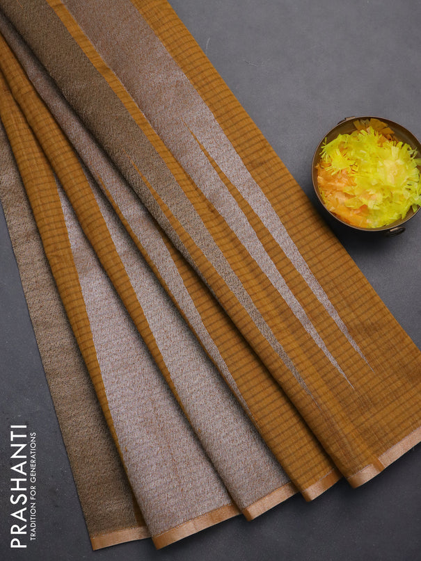 Banarasi semi matka saree dark mustard with allover thread & silver zari stripe pattern and zari woven piping border