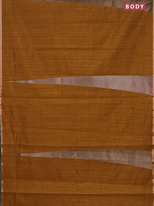 Banarasi semi matka saree dark mustard with allover thread & silver zari stripe pattern and zari woven piping border