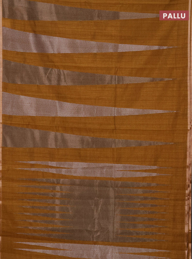 Banarasi semi matka saree dark mustard with allover thread & silver zari stripe pattern and zari woven piping border
