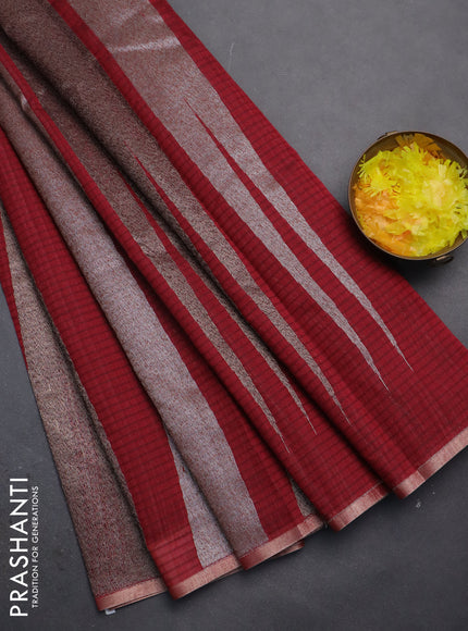 Banarasi semi matka saree maroon with allover thread & silver zari stripe pattern and zari woven piping border
