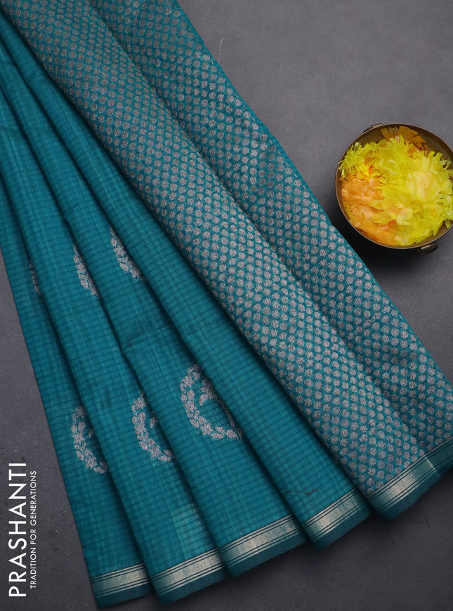 Banarasi semi matka saree teal green with silver & gold zari woven buttas and zari woven piping border