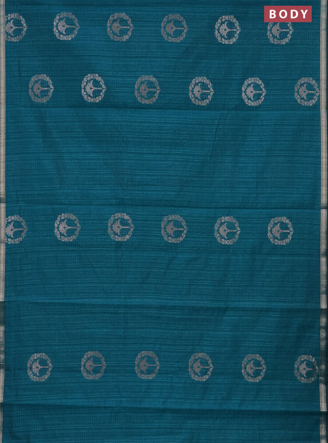 Banarasi semi matka saree teal green with silver & gold zari woven buttas and zari woven piping border