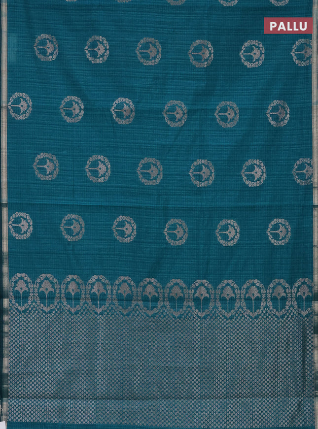 Banarasi semi matka saree teal green with silver & gold zari woven buttas and zari woven piping border