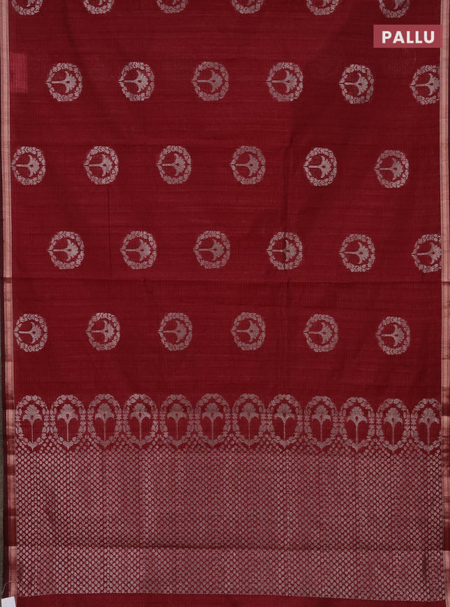 Banarasi semi matka saree maroon with silver & gold zari woven buttas and zari woven piping border