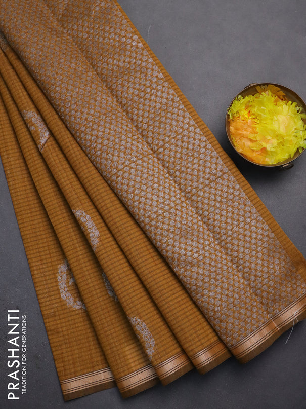 Banarasi semi matka saree dark mustard with silver & gold zari woven buttas and zari woven piping border