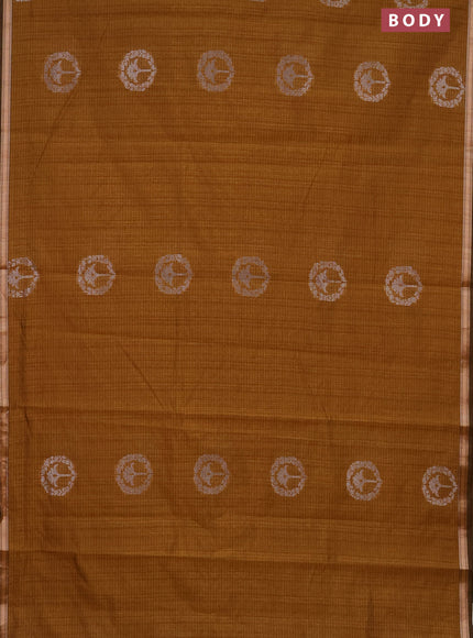 Banarasi semi matka saree dark mustard with silver & gold zari woven buttas and zari woven piping border