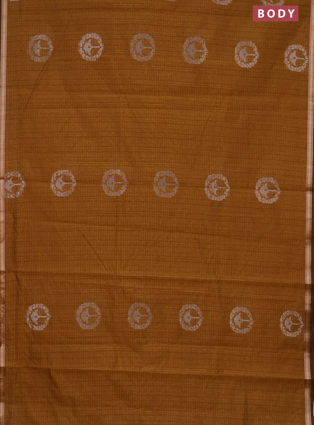 Banarasi semi matka saree dark mustard with silver & gold zari woven buttas and zari woven piping border