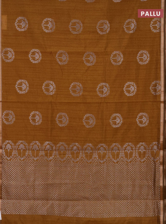 Banarasi semi matka saree dark mustard with silver & gold zari woven buttas and zari woven piping border
