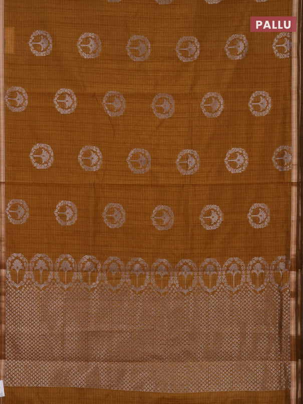 Banarasi semi matka saree dark mustard with silver & gold zari woven buttas and zari woven piping border
