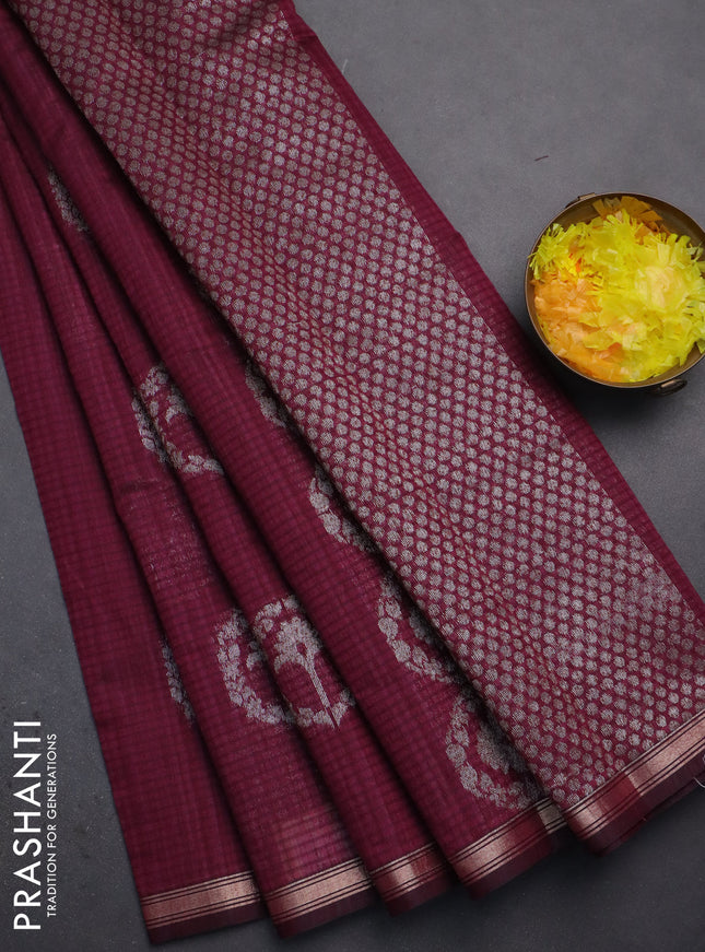 Banarasi semi matka saree wine shade with silver & gold zari woven buttas and zari woven piping border
