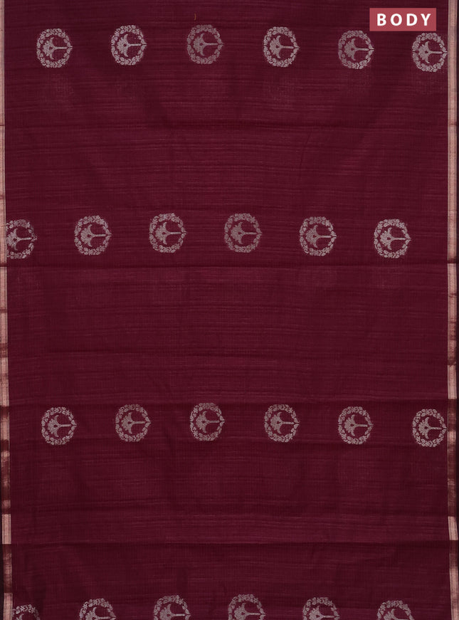 Banarasi semi matka saree wine shade with silver & gold zari woven buttas and zari woven piping border