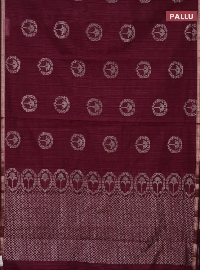 Banarasi semi matka saree wine shade with silver & gold zari woven buttas and zari woven piping border